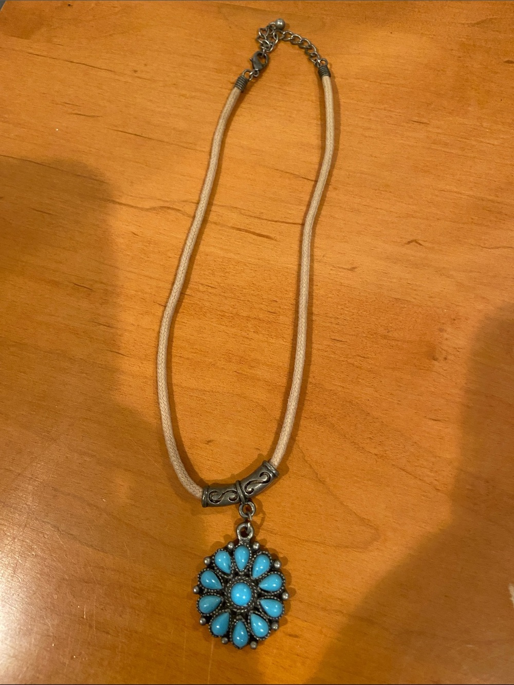 Turquoise Flower Pendant Necklace in Cream Cord